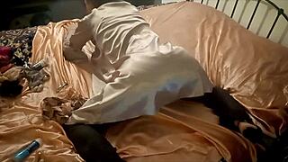 White slut in satin thong gives POV blowjob and doggy rimming