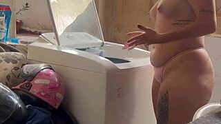 Neighbor hides while woman washes clothes with pussy and tits out