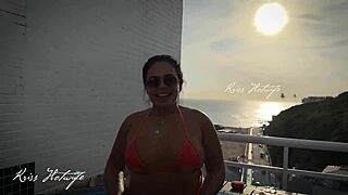 Tanned Brunette Wife Showing Off By Rooftop Pool