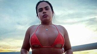 Tanned Brunette Wife Showing Off By Rooftop Pool