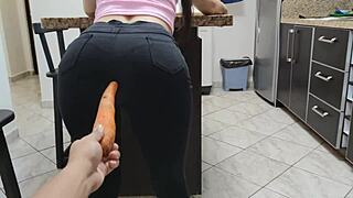 Hot sister-in-law craves big cock and gets teased with carrot in ass