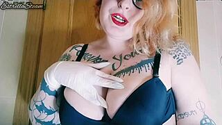 Curvy European woman smokes while wearing gloves