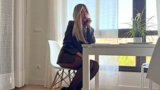 Boss rips through my pantyhose with his huge cock on desk.