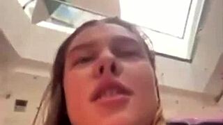 Chubby teen 18+ plays with natural tits outdoors at taxi and mall