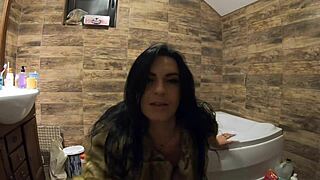 Milfycalla pees in bathtub wearing fur coat and pantyhose