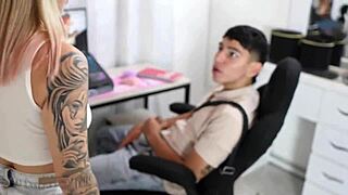 i surprise the technician watchin’ my vids and taste his huge cock - katty blake