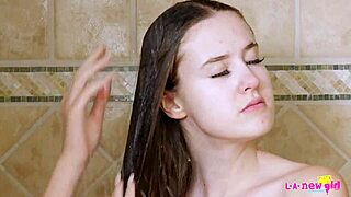 Skinny Teen Brunette Takes a Refreshing Shower After Photoshoot