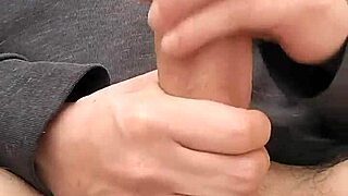 Outdoor solo handjob on huge loaded cock, flashing cum