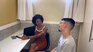 Brazilian receptionist moans during interracial fucking with big cock at the gym