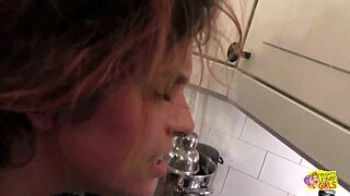 inked brunette girlfriends film first lesbian clip in kitchen