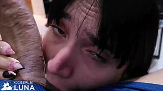 Young married teen sucks huge cock before taking it deep in her ass for a powerful orgasm.