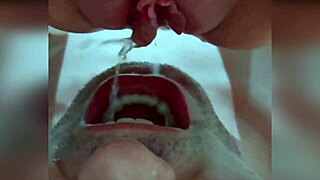 chubby dominatrix pisses in mouth for close-up swallowing