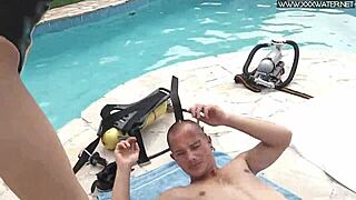 teen european amateur gives hot blowjob by the pool, wet and hairless
