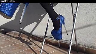 Denim shorts black tights and gorgeous 8 inch heels