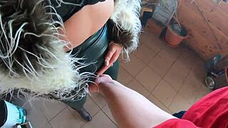 deepthroat cum play with cameltoe in leather