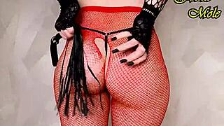 sexy pawg in fishnets and lingerie fingers her tight ass before riding dildo