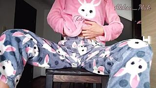 horny teen 18+ stepdaughter in pajama teases small boobs while masturbating pussy