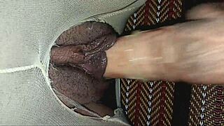 Pretty student gets tight pussy fucked with fake cock through pantyhose