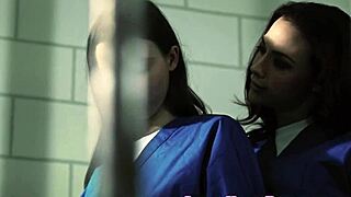 Teen lesbian cellmates scissoring their pussies in the cell.