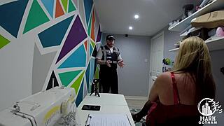 British chubby blonde slut gives blowjob in shoplifting roleplay promo