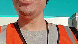 Asian mature woman walking about during work in public.