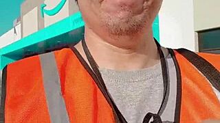 Asian mature woman walking about during work in public.