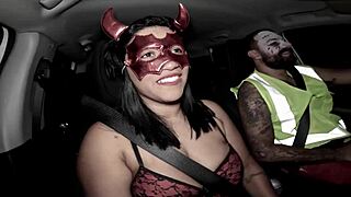 She returned from Halloween party with creampie in ass after car blowjob and couple fucking.