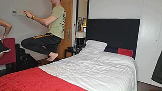 role play cleaning girl in a sexy outfit gives a blowjob to a client before fucking him