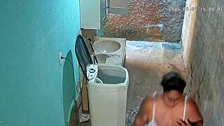 Hidden camera records stepmom bathing and showing off in backyard