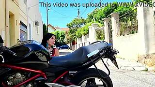 The biker fucks cute young pussy with toys intensely