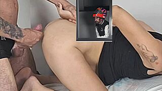 motoboy jerks off watching redhead housewife and her couple in open window bedroom fetish scene.