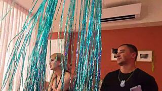 Behind the scenes, the Brazilian pornstar babe with big tits and a monster cock partner preps for anal action in a cute Latina setup.