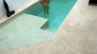 Pretty teen girlfriend moans riding poolboy in quickie