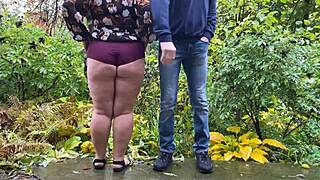 Fat Housewife in Dress Pees with Lover, Showing Big Ass and Natural Tits