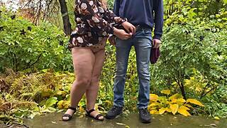 Fat Housewife in Dress Pees with Lover, Showing Big Ass and Natural Tits