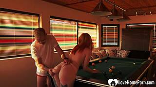 Redhead Couple Plays Billiards In Room, Breaking Rules