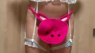 Shy in junior underwear, teasing anal and nipples under shame costume.