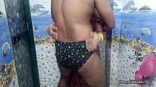 Indian desi bhabhi giving best handjob and her husband cum on her sexy blue panty