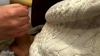 cute babe give blowjob in public toilet after perfect handjob under the table in fast food restaurant