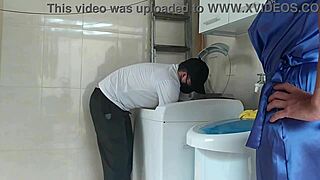 Housewife seduces technician fixing washing machine outdoors