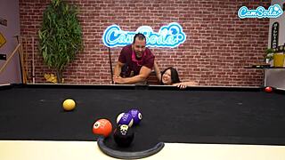 petite asian teen gets fucked hard by huge white cock on the pool table, dripping wet