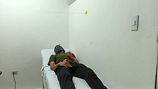 Kinky doctor masturbates his cock in the office.