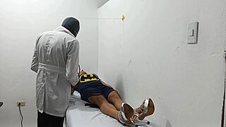 Kinky doctor masturbates his cock in the office.