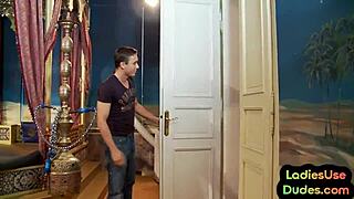 Mean british femdom pegging her submissive in a threesome group scene