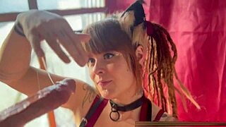 cute cosplayer playfully drools on massive cock deep in throat