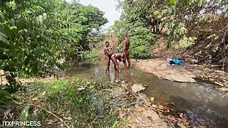 We took turns and fucked a bitch in the stream