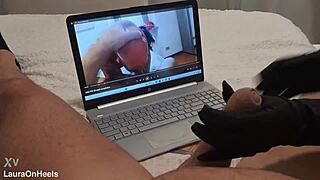 milf jerks off big cock until cum on gloves pov