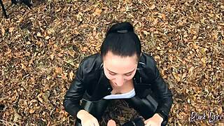 The long-haired brunette teen in leather leggings endured intense face fucking outdoors, her ponytail bouncing as she took it deep.
