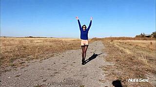 Leggy Brunette Evokes Desire Showing Her Body Outdoors