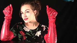 Experienced Milf in Red Leather Gloves Gives Handjob with Dirty Talk